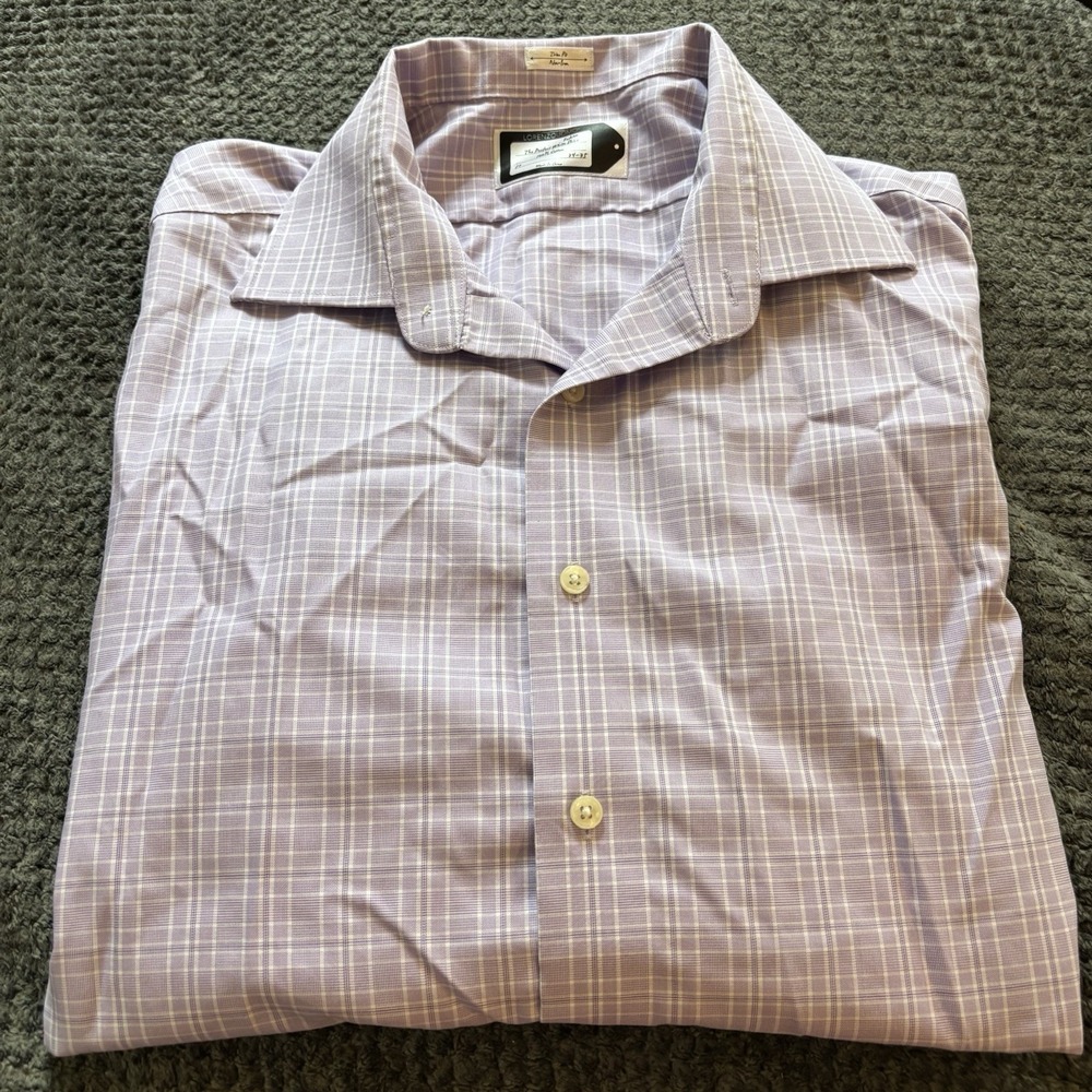 Lorenzo Uomo Trim Fit Dress Shirt‎ Mens Size 17 34/35 Purple White Plaid Stripes